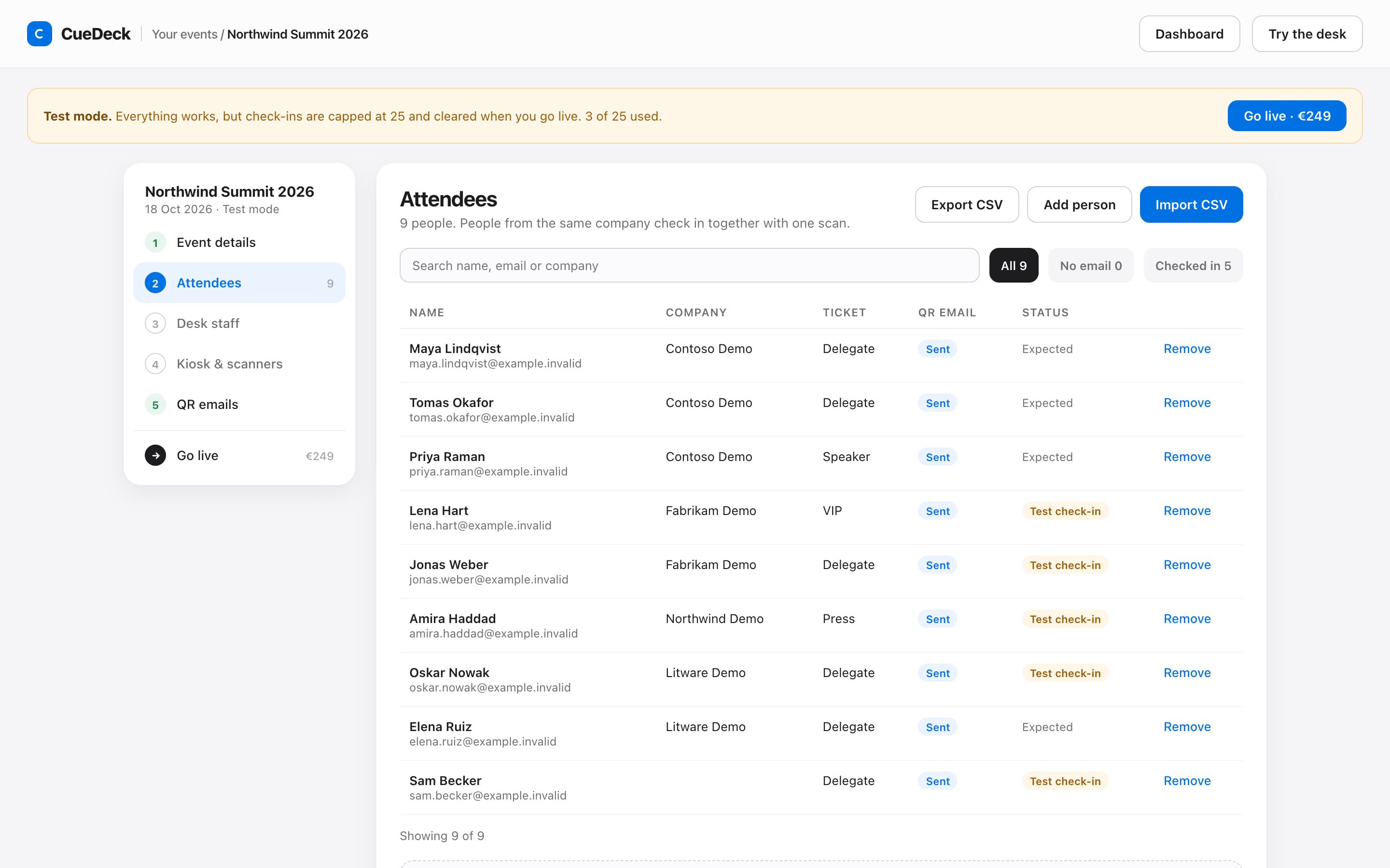 Check-in setup: attendee list with company, ticket type, QR email status and arrival status