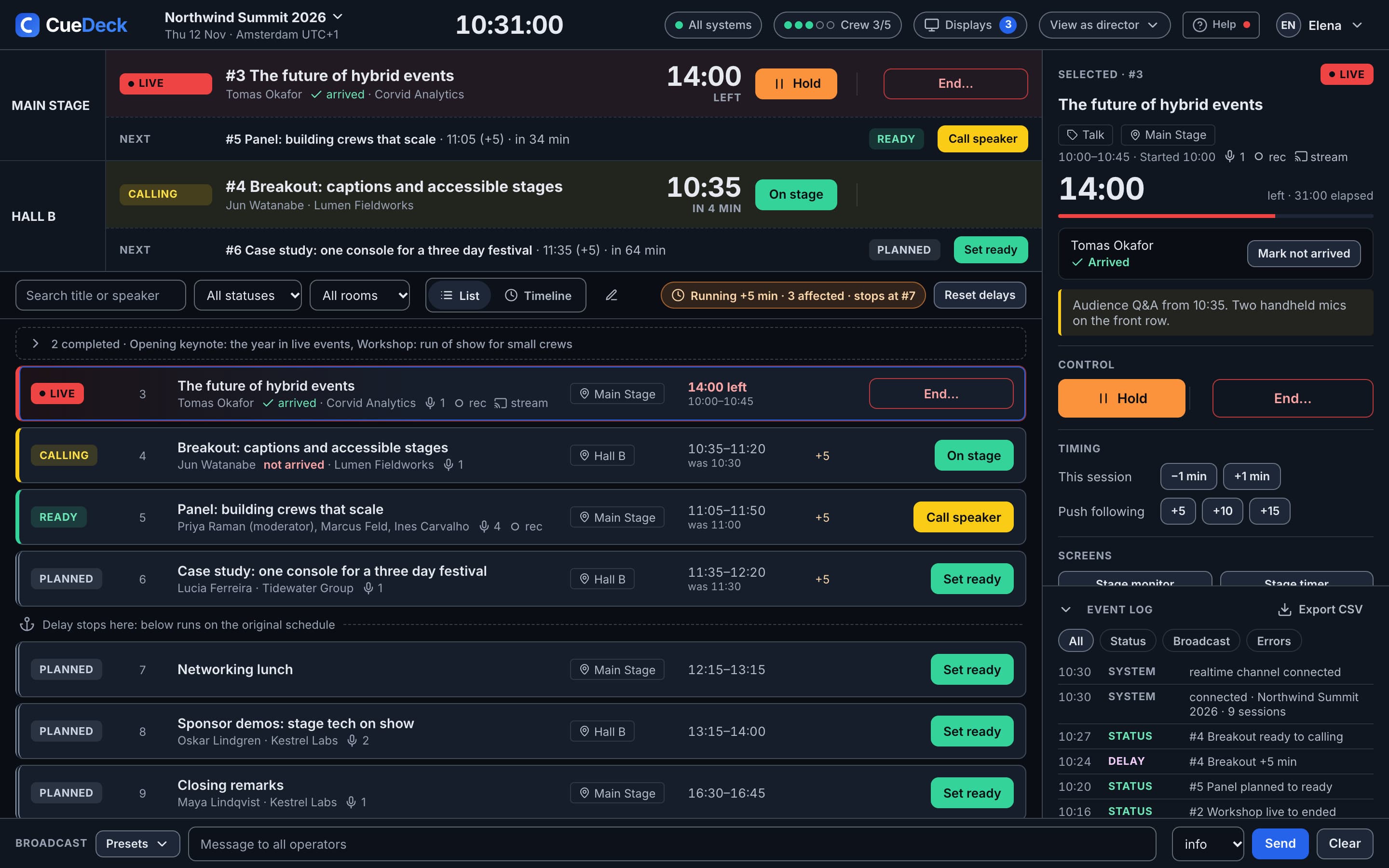 CueDeck director console: Main Stage live with 14:00 left and Hall B calling its speaker, the session list, the selected session's Hold and End controls, and the event log