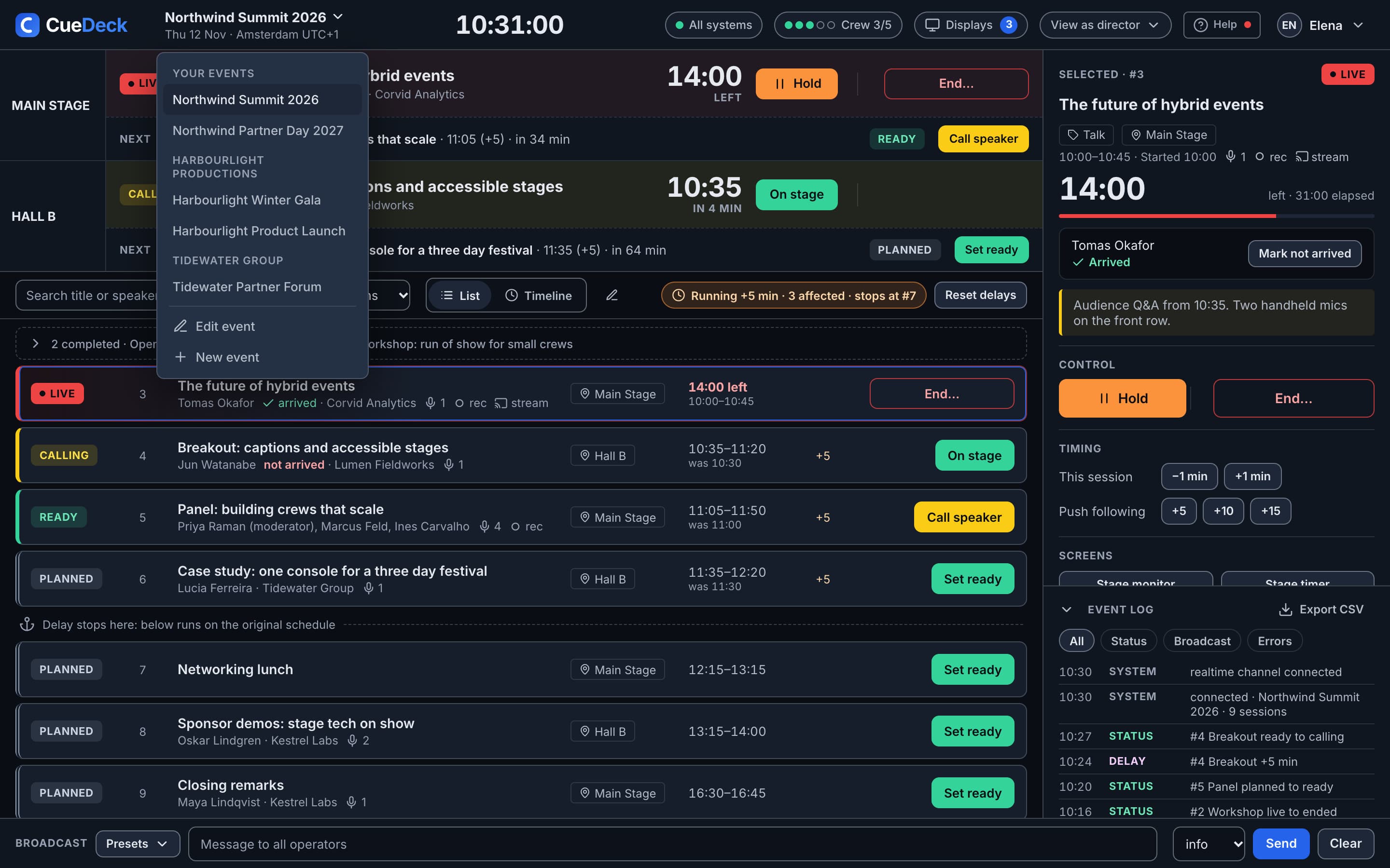 Event switcher open in the console: Your events, then events grouped under Harbourlight Productions and Tidewater Group, with Edit event and New event below