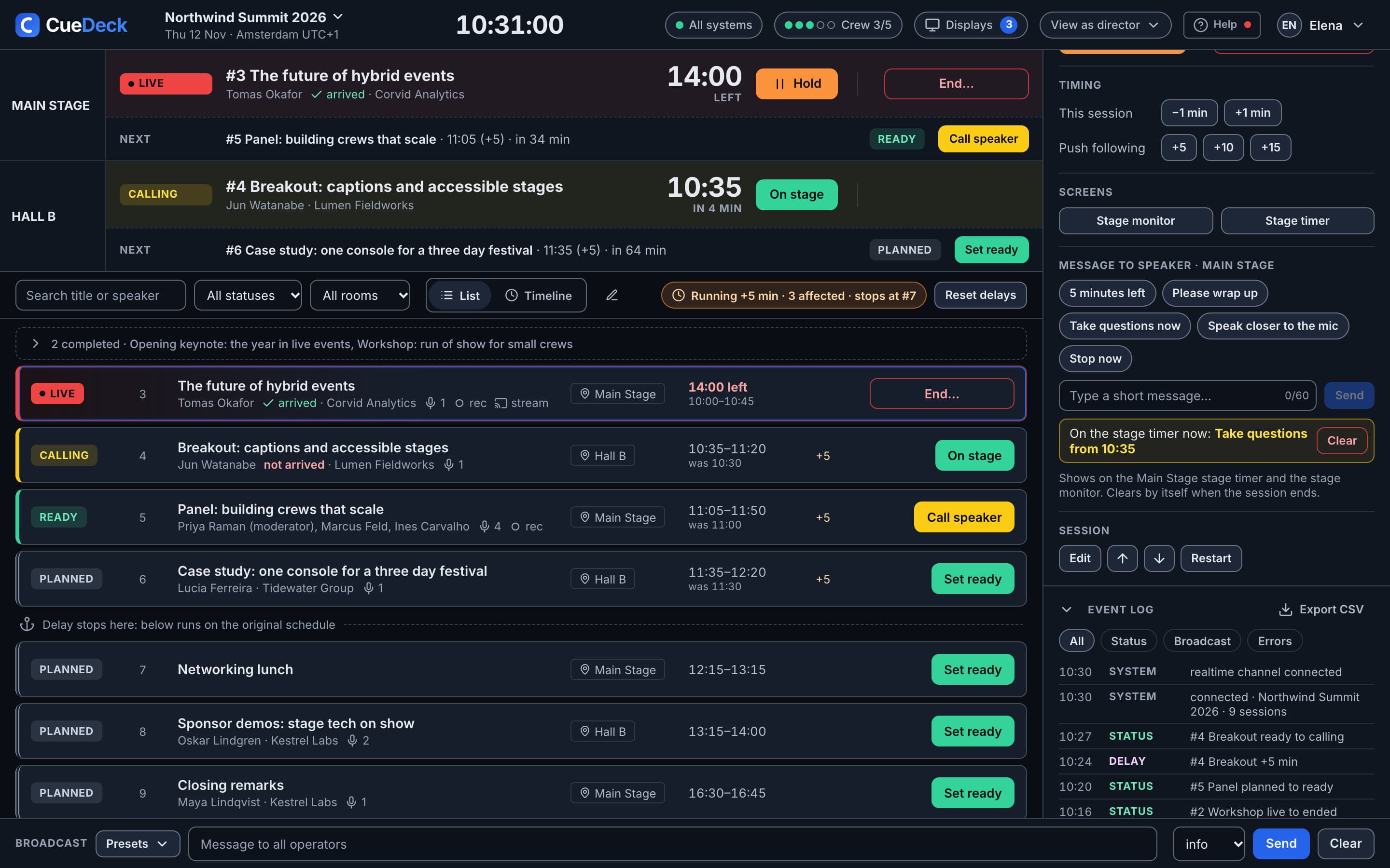 Console inspector with message presets for the Main Stage speaker and the strip On the stage timer now: Take questions from 10:35