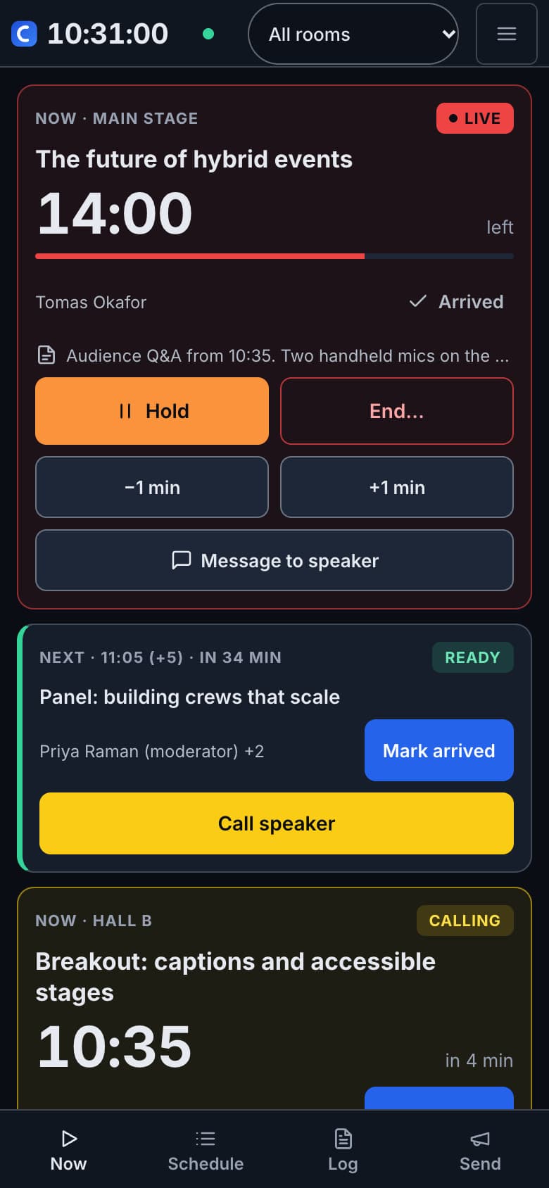 CueDeck console on a phone: Main Stage live with 14:00 left and Hold, End, minus and plus one minute and Message to speaker buttons, then the next session with Call speaker