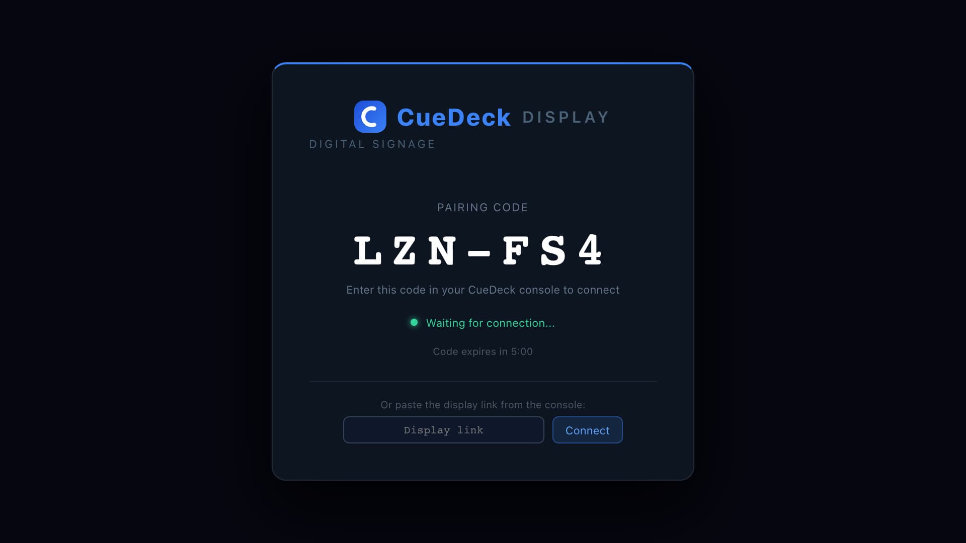 CueDeck display pairing screen showing the code LZN-FS4, waiting for connection, with the code expiring in 5:00