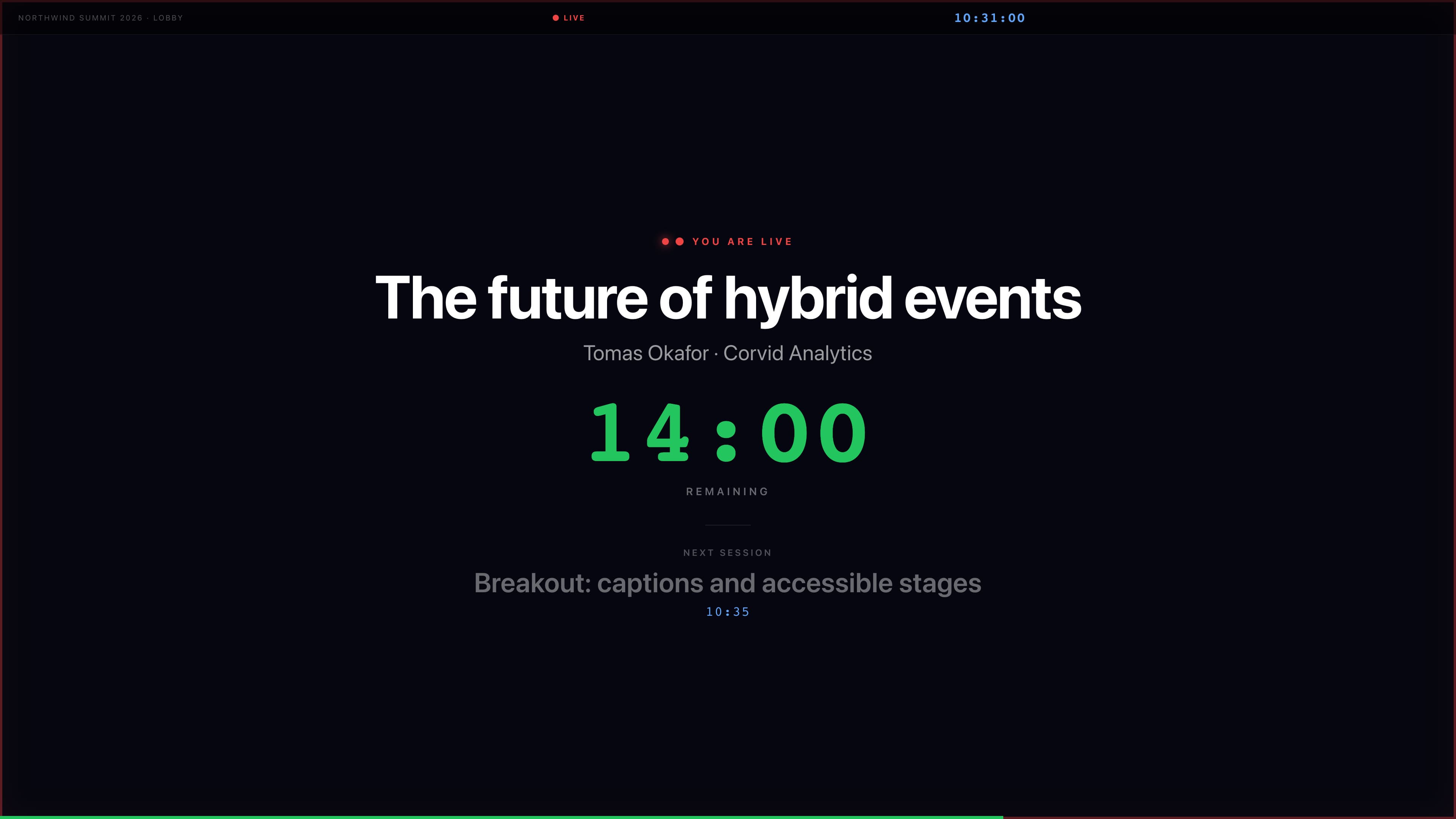 Lobby display showing the live session, its speaker, 14:00 remaining and the next session