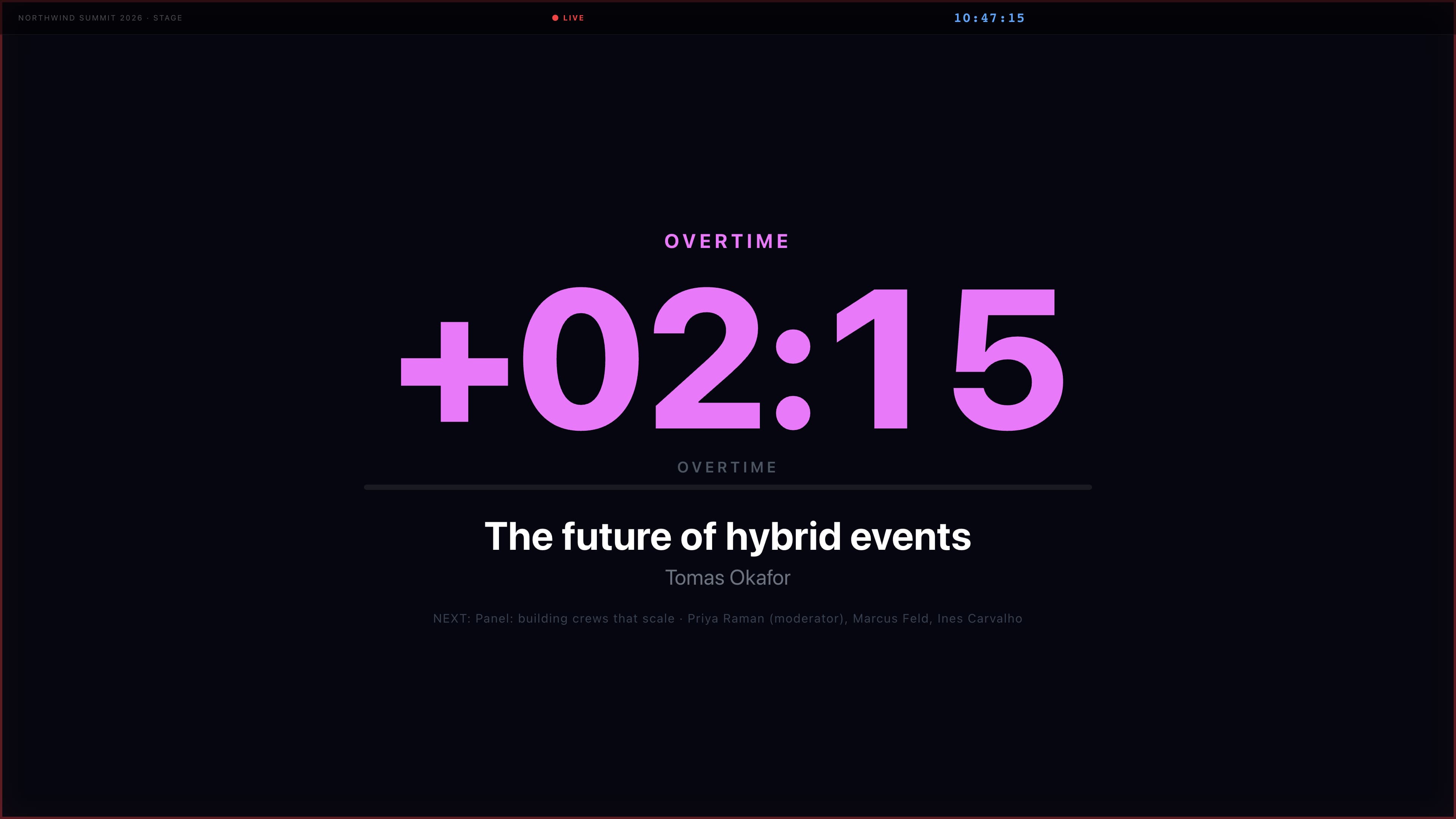CueDeck stage timer in overtime: +02:15 in magenta for The future of hybrid events