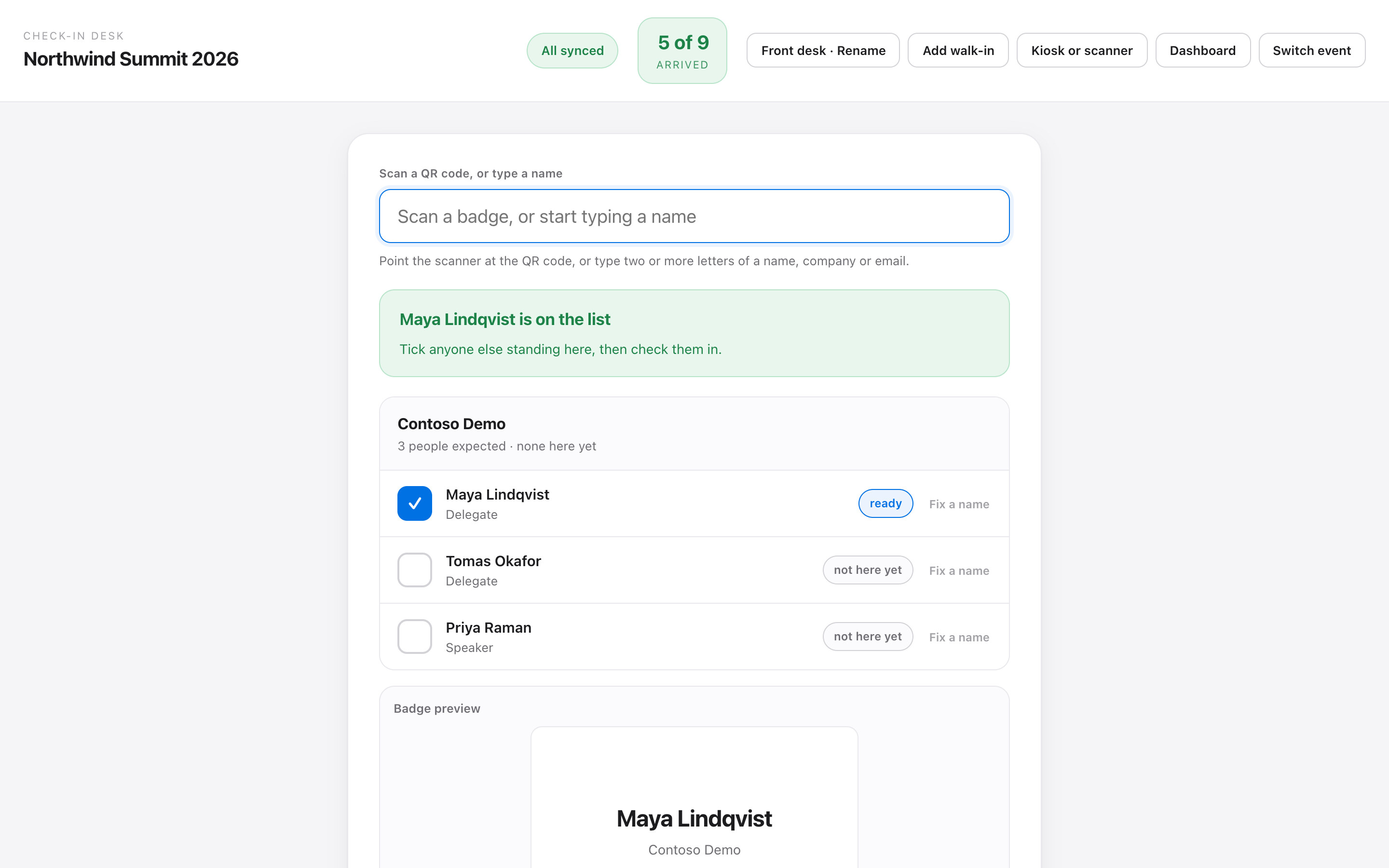 The check-in desk: one search brings up three guests from the same company